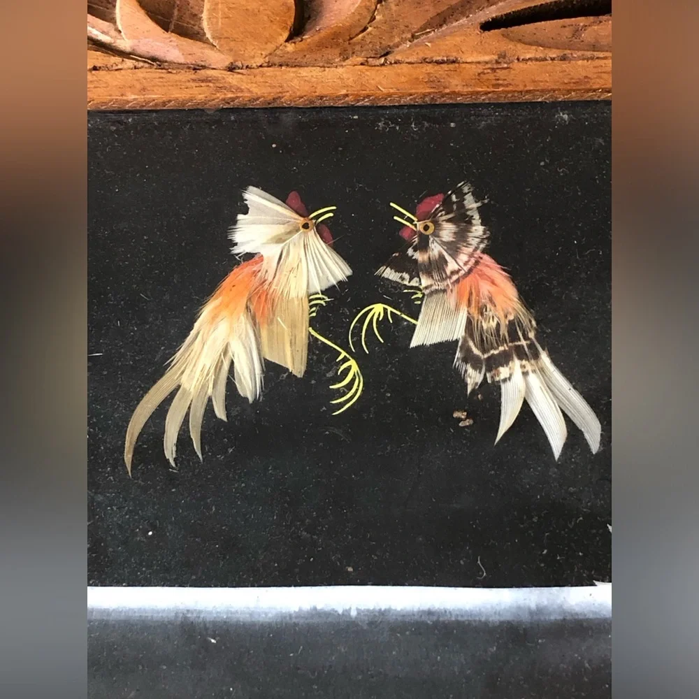 Vtg 1930s Mexican Feather Art Roosters Chickens Folk Art Framed 16x8”